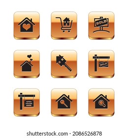 Set House with heart shape, Hanging sign Open house, key, Sold, Search and Shopping cart icon. Vector