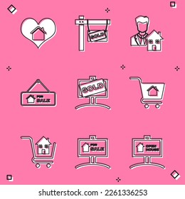 Colocar la casa con forma de corazón, el cartel colgante vendido, el realtor, para venta, el carro de compras y el icono. Vector