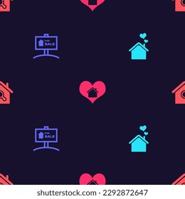 Set House with heart shape, Hanging sign For Sale,  and Search house on seamless pattern. Vector