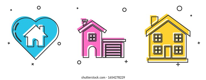 Set House with heart shape, House and Home symbol icon. Vector