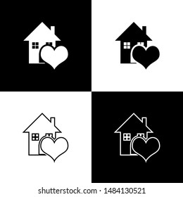 Set House with heart shape icon isolated on black and white background. Love home symbol. Family, real estate and realty.  Vector Illustration