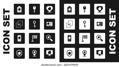 Set House with heart shape, key, plan, contract, Online real estate house, Search and  icon. Vector