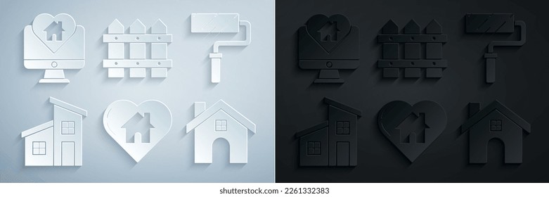 Set House with heart shape, Paint roller brush, Garden fence wooden and Monitor house icon. Vector