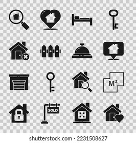 Casa con forma de corazón, plano, Casa de ubicación, Cama, Parqué de la valla de jardín, marca equivocada, icono de búsqueda y servicio de hotel. Vector