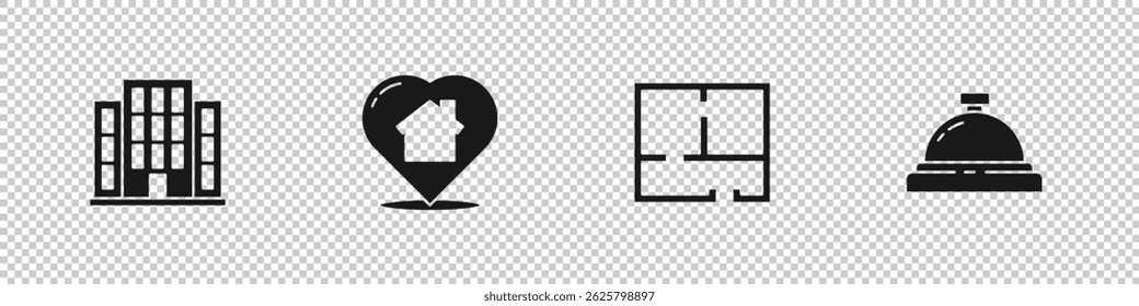 Set House, with heart shape, plan and Hotel service bell icon. Vector