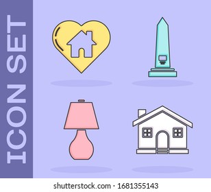 Set House, House with heart shape, Table lamp and Washington monument icon. Vector
