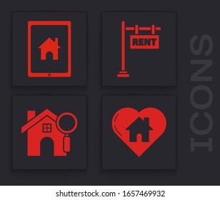 Establecer Casa con forma cardíaca, Comprimido y hogar inteligente, Signo colgante con texto Icono de Casa de alquilar y Buscar. Vector
