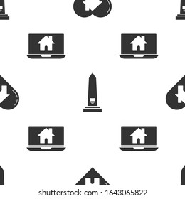 Set House with heart shape, Washington monument and Laptop and smart home on seamless pattern. Vector