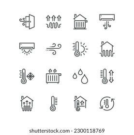 Set of house heating related icons, heat supply, heating boiler, water heater, gas and electric heating and linear variety vectors.