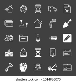 set of house, help center, sand clock, truck, shopping bill, credit card, route, owner, message, folder, tie, bus, government, unlock, banner, road sign, love key, badge, hand, crane vector icon