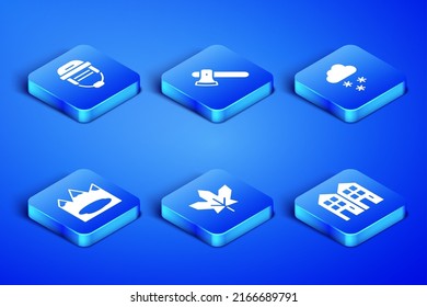 Set House, Hockey helmet, Canadian maple leaf, lake, Wooden axe and Cloud with snow icon. Vector