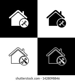Set House or home with screwdriver and wrench icon isolated on black and white background. Adjusting, service, setting, maintenance, repair, fixing.  Vector Illustration