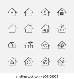 Set of house Home vector line icons. Contains symbols of the conclusion Home of the contract, heart, a drop of water in Home, fire on Home, money and many other things. 32x32 pixels.