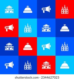 Set House, Hotel service bell, Megaphone and Skyscraper icon. Vector