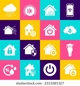 Set House humidity, Light bulb and graduation cap, Humidity, Smart home, Internet of things and  icon. Vector