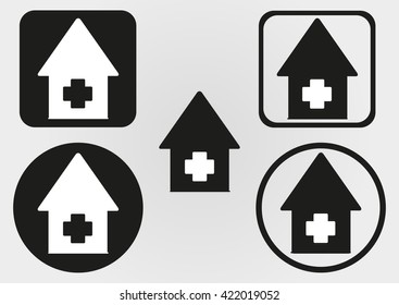 Set house icon with a cross. Circle, square with rounded corners. Button, logo. Flat schematic abstract image.