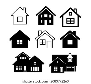 Set of house icons. Suburban real estate, sign of house with pipe in the outline style. Vector silhouette of building isolated on white