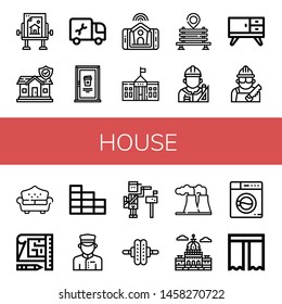 Set Of House Icons Such As Drawing Table, Insurance, Plumber, Door, Smart Home, White House, Bench, Architect, Furniture, Carpenter, Sofa, Blueprint, Brick Wall, Doorman , House