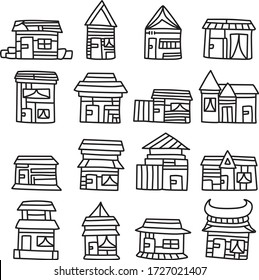 Ein Set von Häusersymbolen, geeignet für alle Gebäude und Stadtinhalte mit doodle-Karikatur-Stil