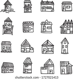Un conjunto de íconos de casa adecuados para cualquier edificio y contenido de ciudad con estilo de dibujos animados de doodle