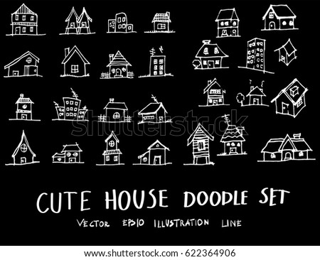 Set of House illustration Hand drawn doodle Sketch line vector on chalkboard