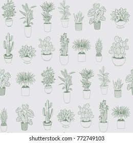Set of house indoor plant vector cartoon doodle seamless pattern. 