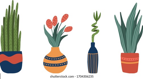 Conjunto de plantas interiores en estilo caricaturista. Cabañas y jarrones a la moda. Decoración verde natural para el hogar y el interior. Se cierra la ilustración del vector.