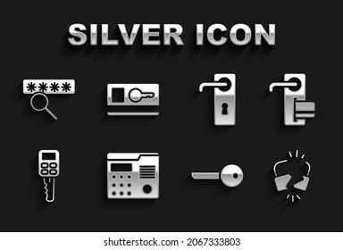 Set House intercom system, Digital door lock, Broken cracked, Key, Car key with remote, Door handle, Password protection and card icon. Vector