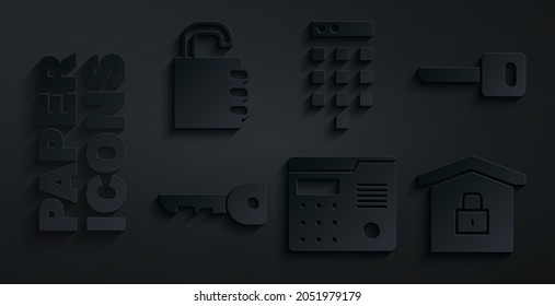 Establecer el sistema de intercomunicación de la casa, clave, bajo protección, icono de bloqueo combinado de contraseña y seguridad. Vector
