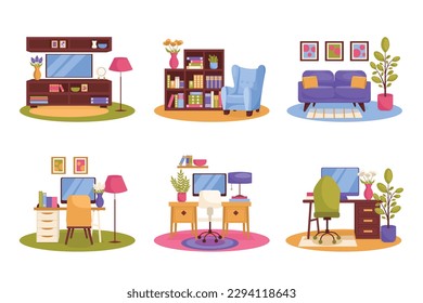 Conjunto de ilustraciones interiores de la casa. Ilustraciones de la sala de estar e ilustraciones de la oficina.