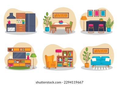 Set of house interior illustrations. Living room illustrations and kitchen illustrations.