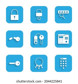 Establezca House con la clave, el paquete de claves, la protección de contraseña, el sistema de intercomunicación, el icono Key, Broken y Lock. Vector