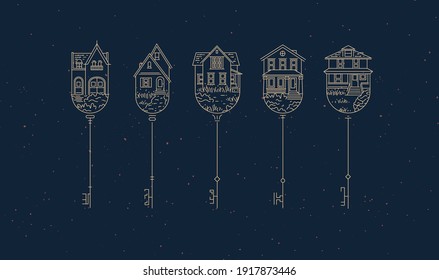 Set of house key collection in modern line style drawing on dark blue background.