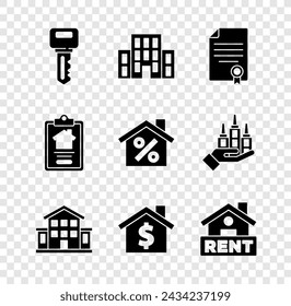 Establece la llave de la casa, el contrato, con el símbolo del dólar, el signo colgante Rent y el icono de descuento porcentual. Vector