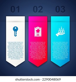 Set House key, contract and Skyscraper. Business infographic template. Vector