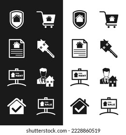 Poner en venta la casa con llave, contrato, bajo protección, carros de compras, carros de compras, señalización colgante para alquiler, Realtor, Venta y marca de verificación icono. Vector