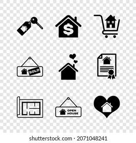 Set House with key, dollar, Shopping cart house, plan, Hanging sign Open, heart shape, Sold and  icon. Vector