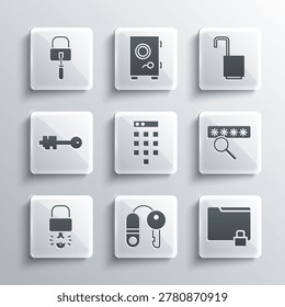 Set House with key, Folder and lock, Password protection, Key broke inside of padlock, Old, Lock picks for picking and Open icon. Vector
