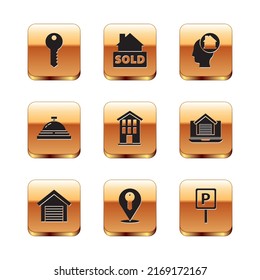 Set House key, Garage, Location, Hotel service bell, Man dreaming about buying house, Parking and Hanging sign with text Sold icon. Vector