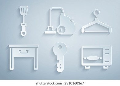 Set House key, Hanger wardrobe, Furniture nightstand, Microwave oven, Vacuum cleaner and Spatula icon. Vector