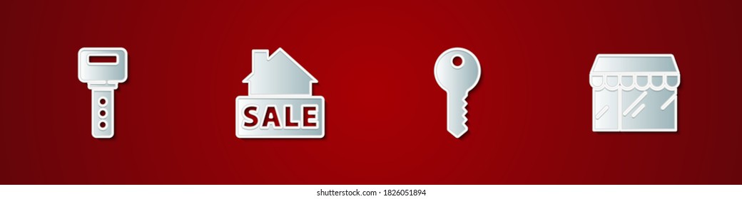 Set House key, Hanging sign with Sale, and Market store icon. Vector.