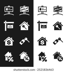 Set House with key, Hanging sign For Rent, Sale, Sold, dollar, percant and  icon. Vector