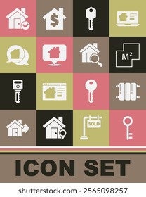 Set House key, Heating radiator, plan, Location with house, Real estate message, check mark and Search icon. Vector