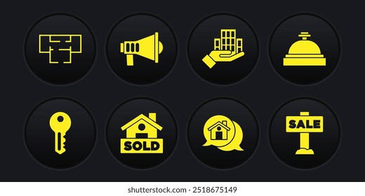 Set House key, Hotel service bell, Hanging sign with text Sold, Real estate message house, Skyscraper, Megaphone, Sale and plan icon. Vector