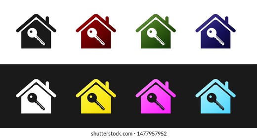 Set House with key icon isolated on black and white background. The concept of the house turnkey.  Vector Illustration