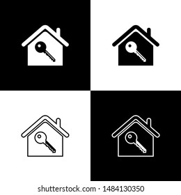 Set House with key icon isolated on black and white background. The concept of the house turnkey.  Vector Illustration