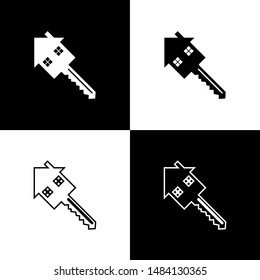 Set House with key icon isolated on black and white background. The concept of the house turnkey.  Vector Illustration