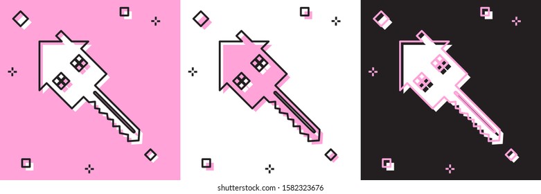 Set House with key icon isolated on pink and white, black background. The concept of the house turnkey.  Vector Illustration