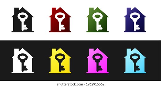 Set House with key icon isolated on black and white background. The concept of the house turnkey.  Vector
