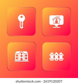 Set House key, Location with house,  and Garden fence wooden icon. Vector